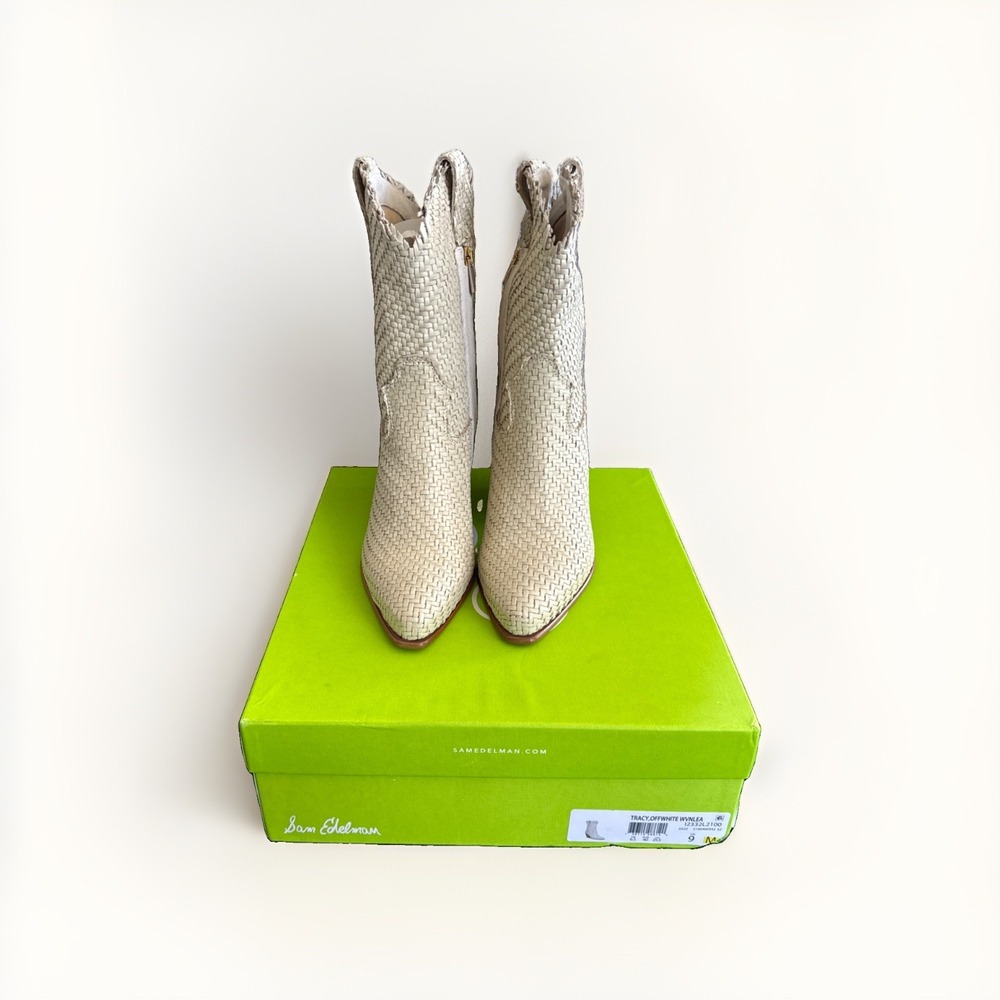 Sam Edelman Tracy Off White Stacked Heel Pointed Toe Pull On Western Boots NIB - Picture 2 of 8